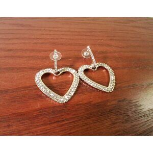 Rhinestone Heart Earrings Silver Tone Post Dangle Drop Large 2.25"